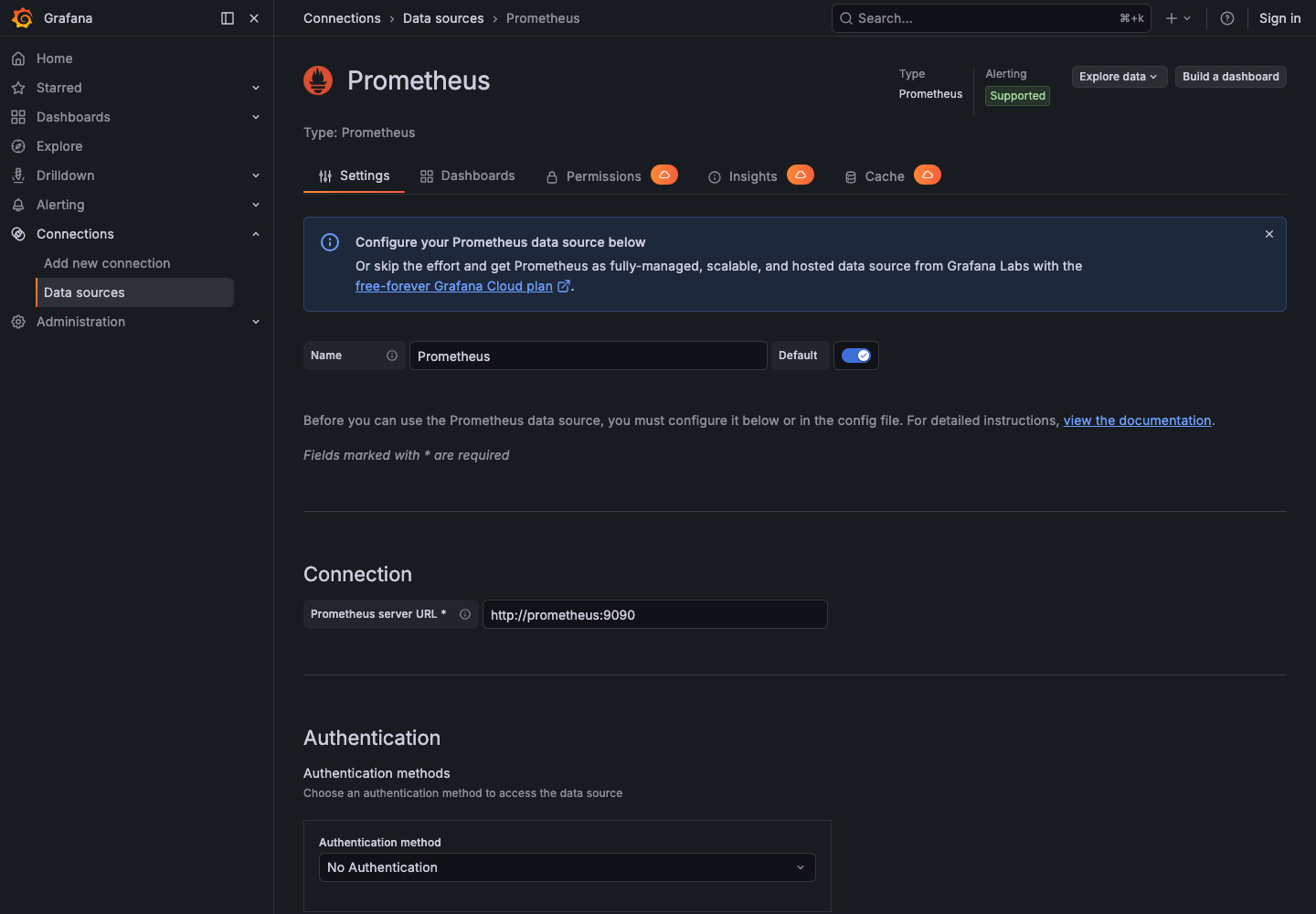 Grafana Prometheus data source — server URL http://prometheus:9090,
No Authentication