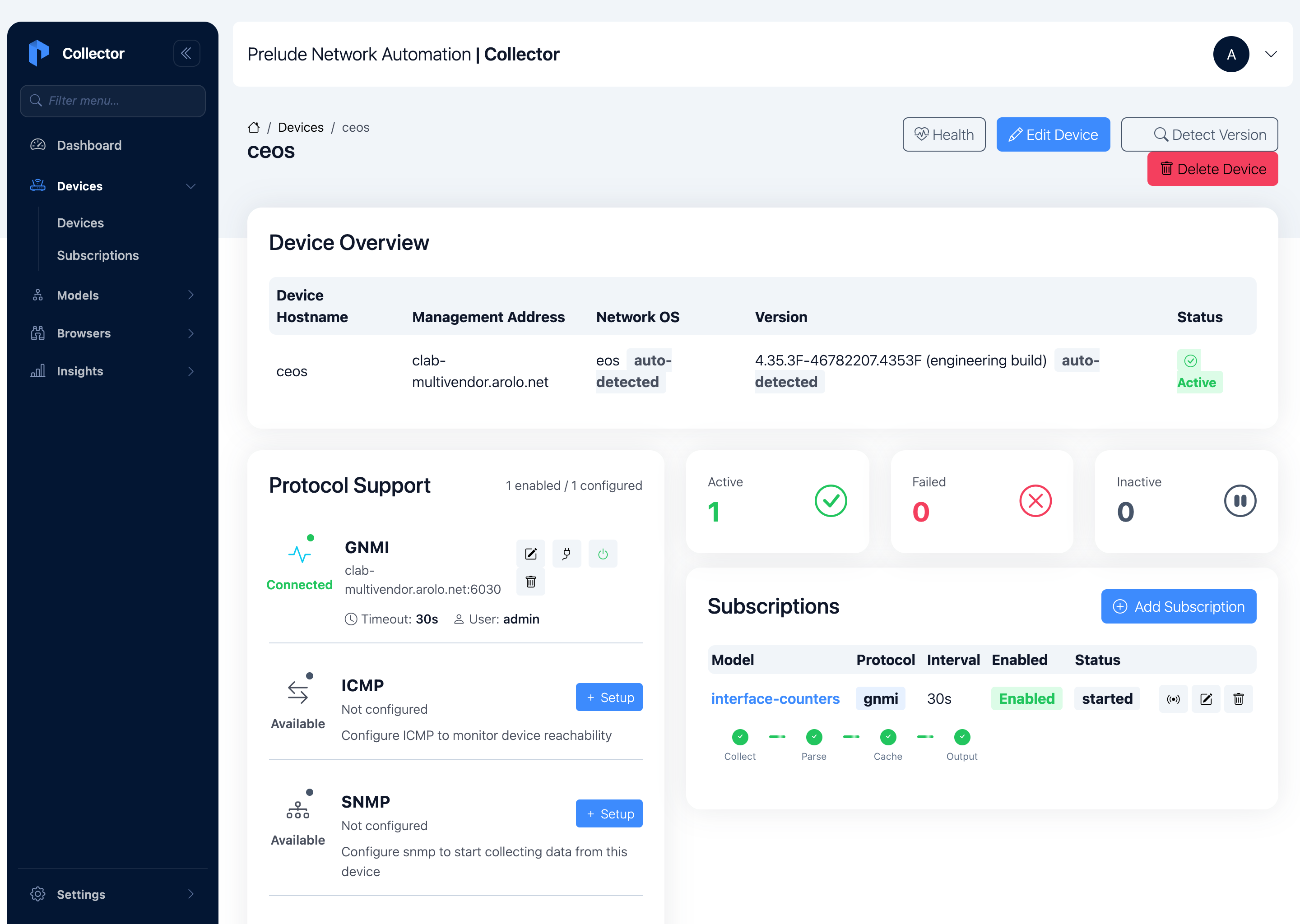 Arista cEOS device detail — gNMI Connected, the interface-counters
subscription started with all pipeline stages green