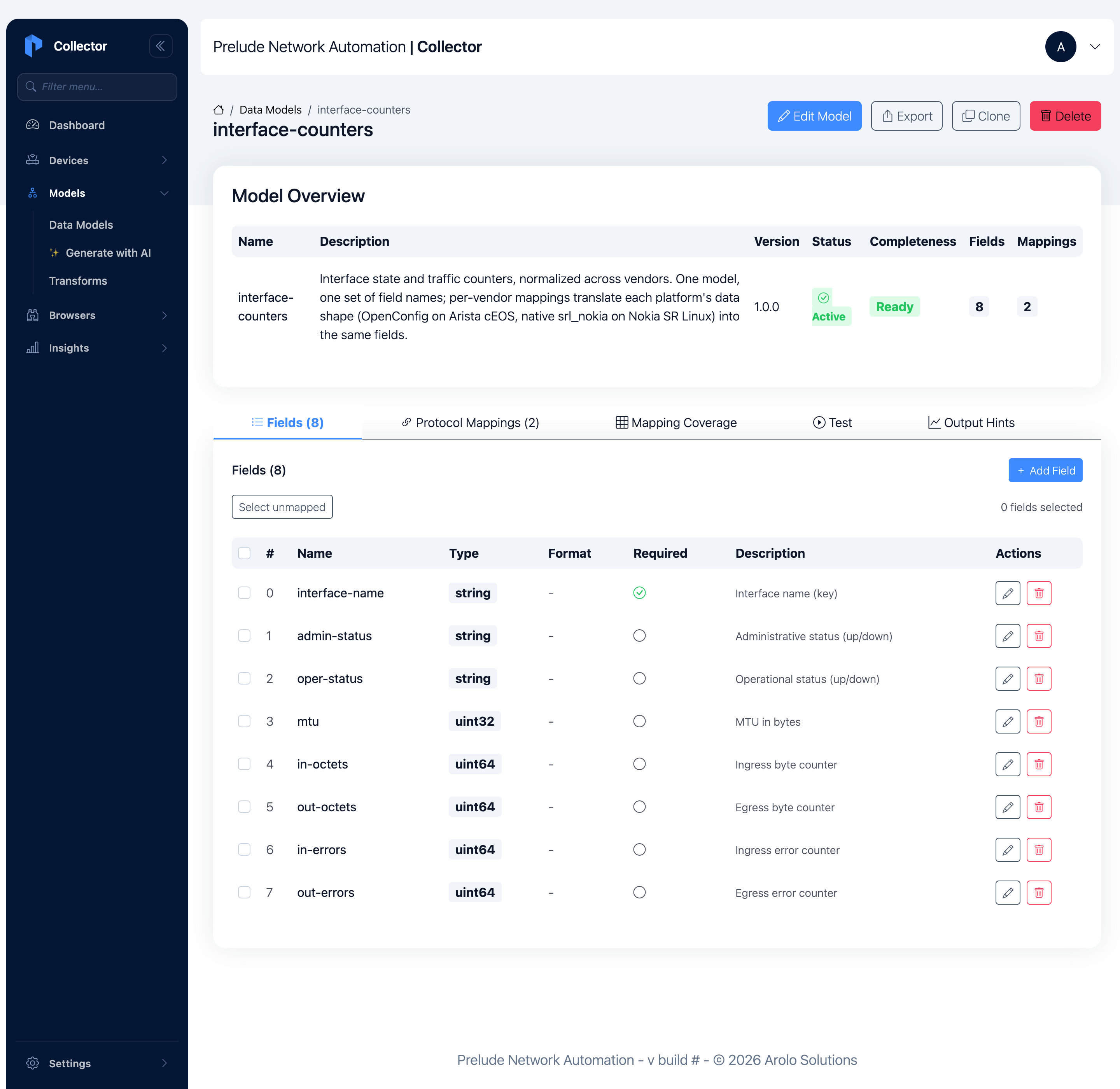 interface-counters model, Fields tab — eight normalized fields with
types, interface-name marked as the key