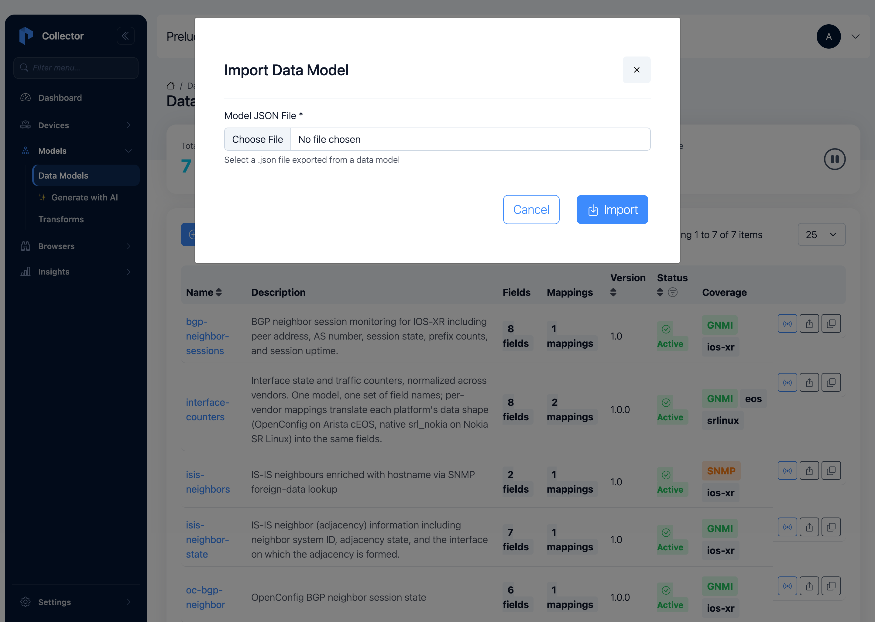 Models → Import dialog — choosing the interface-counters.json
file