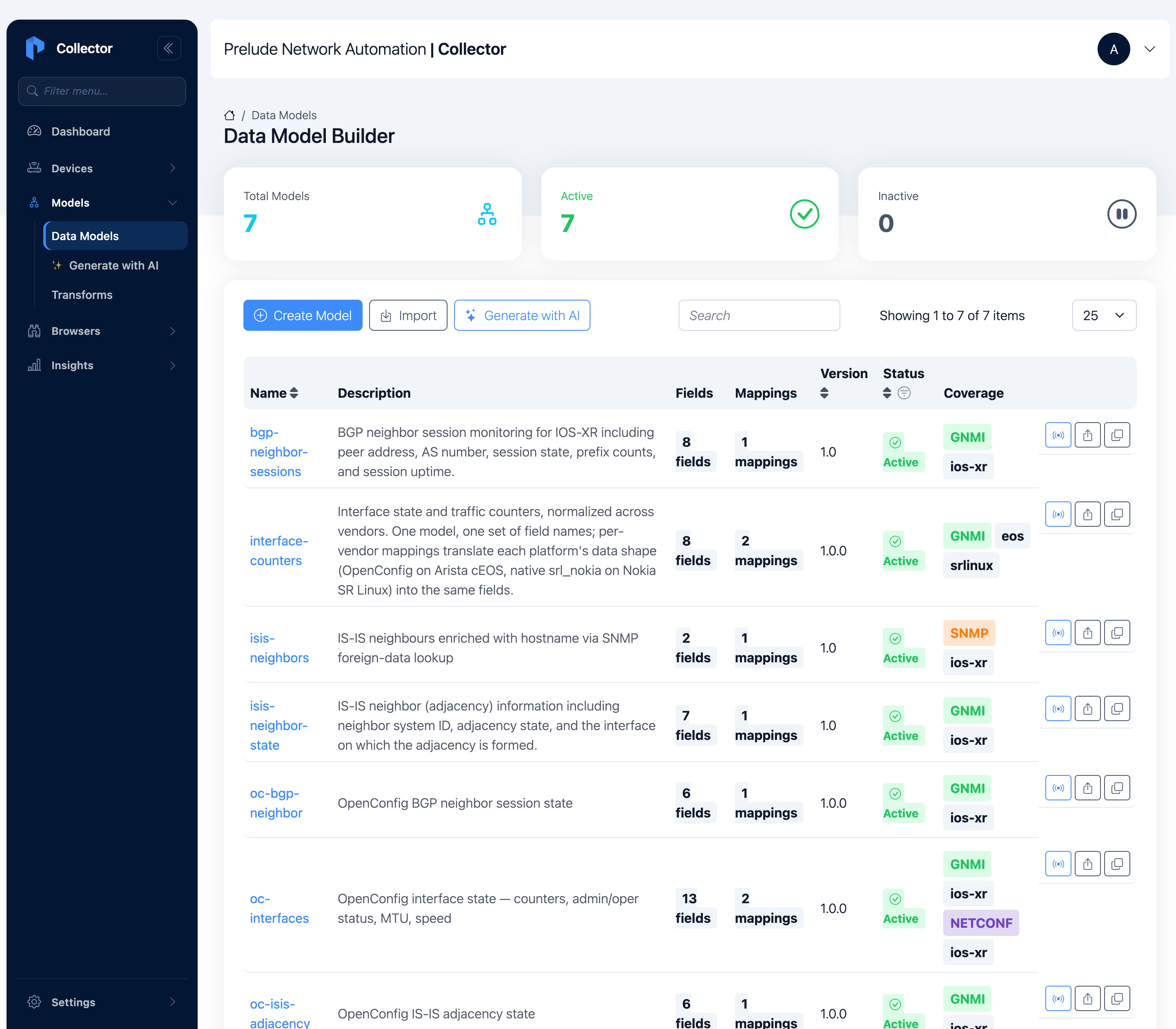 Data Model Builder — the interface-counters model, 8 fields, 2
mappings, GNMI eos + srlinux coverage, Active and Ready
