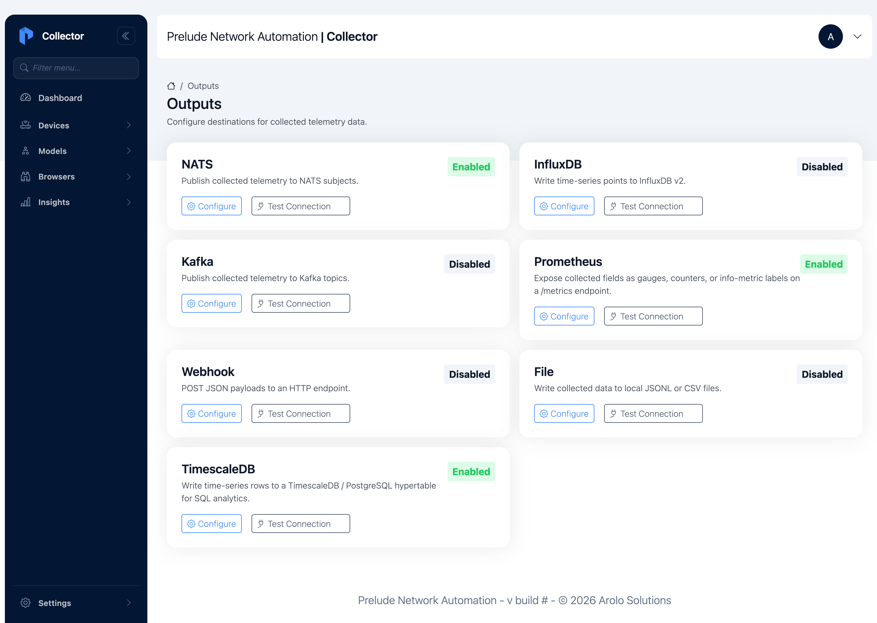 Outputs page — backend cards (NATS, InfluxDB, Kafka, Prometheus,
Webhook, File, TimescaleDB); Prometheus is Enabled