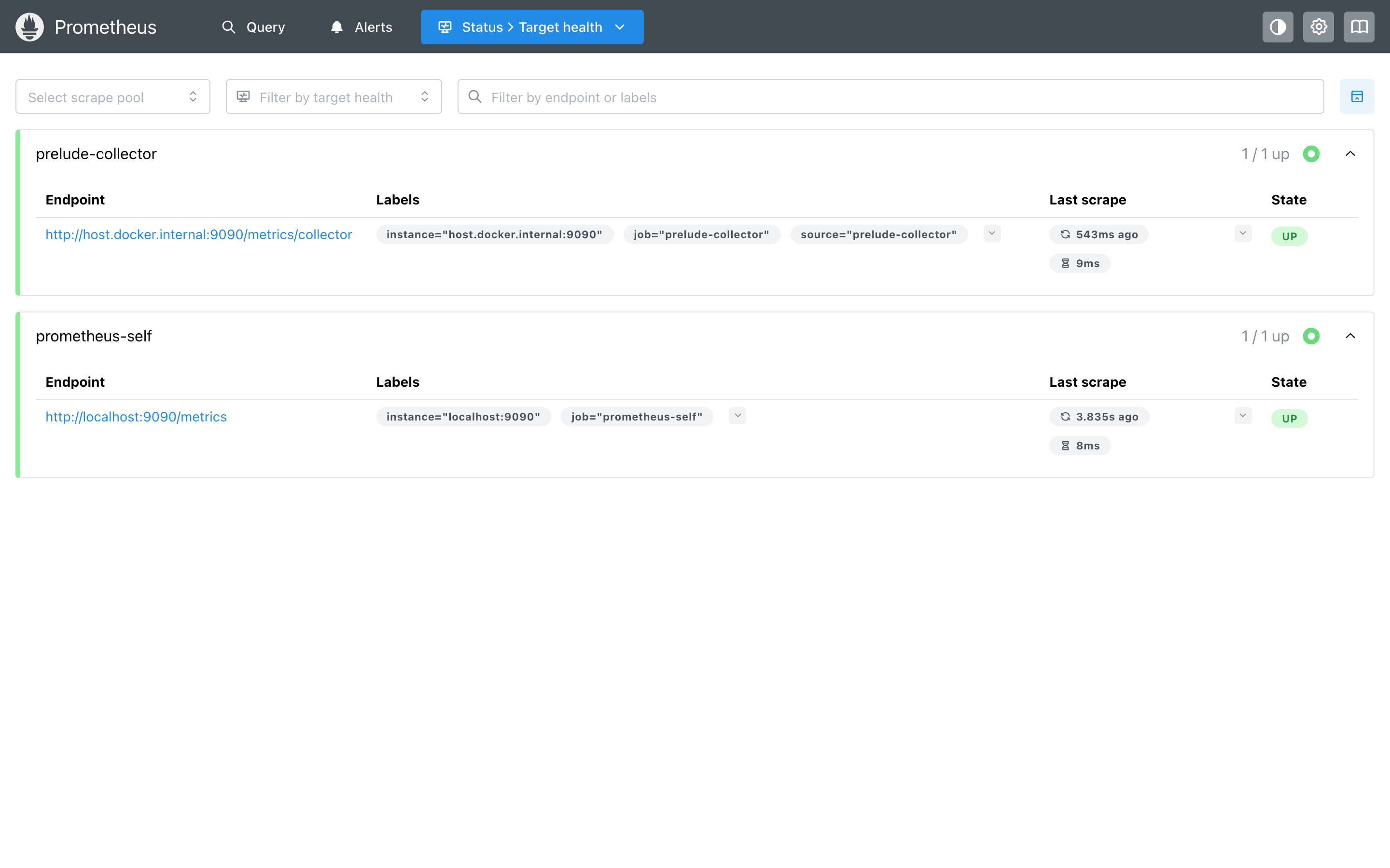 Prometheus Targets — the prelude-collector job UP, scraping
/metrics/collector