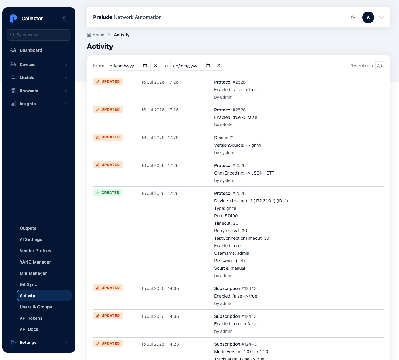 The Activity page showing a reverse-chronological timeline of configuration changes, each row with the acting user, the change type, the object, and a description, above a start/end date filter