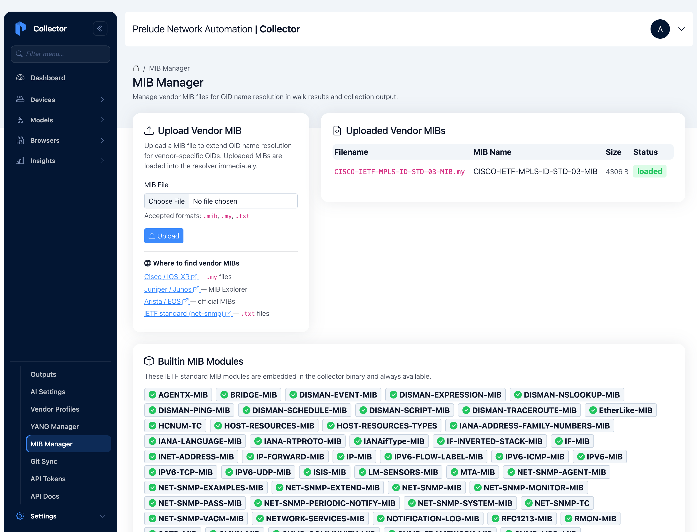 MIB Manager showing the vendor MIB upload form with accepted formats, an uploaded Cisco MIB marked loaded, and the grid of builtin IETF MIB modules