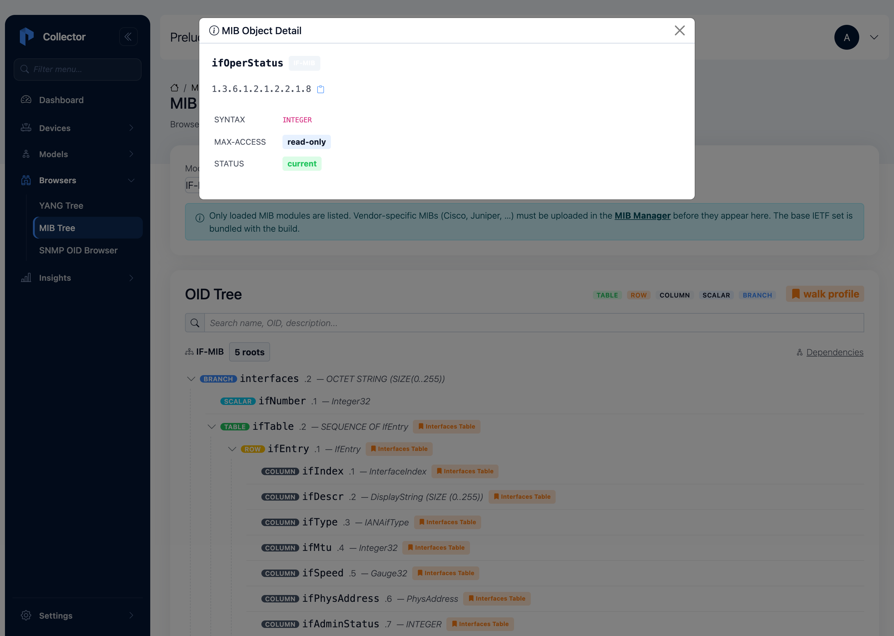 The MIB object detail panel for ifOperStatus, showing its OID, INTEGER syntax, read-only max-access, and current status, over the IF-MIB tree