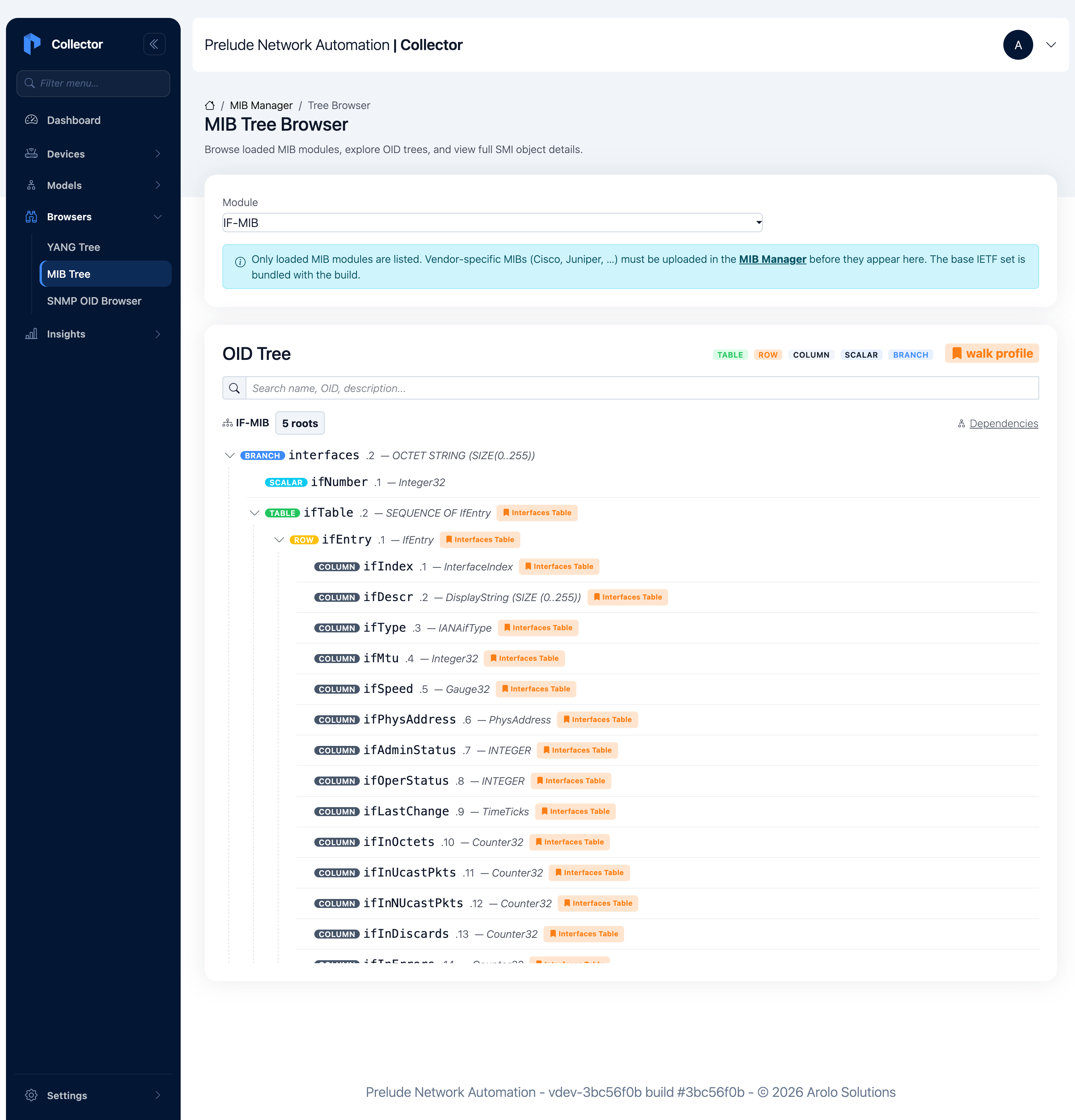 IF-MIB expanded to ifTable, ifEntry, and its columns, each tagged TABLE/ROW/COLUMN/SCALAR with its SMI type, and orange walk-profile badges on the table members