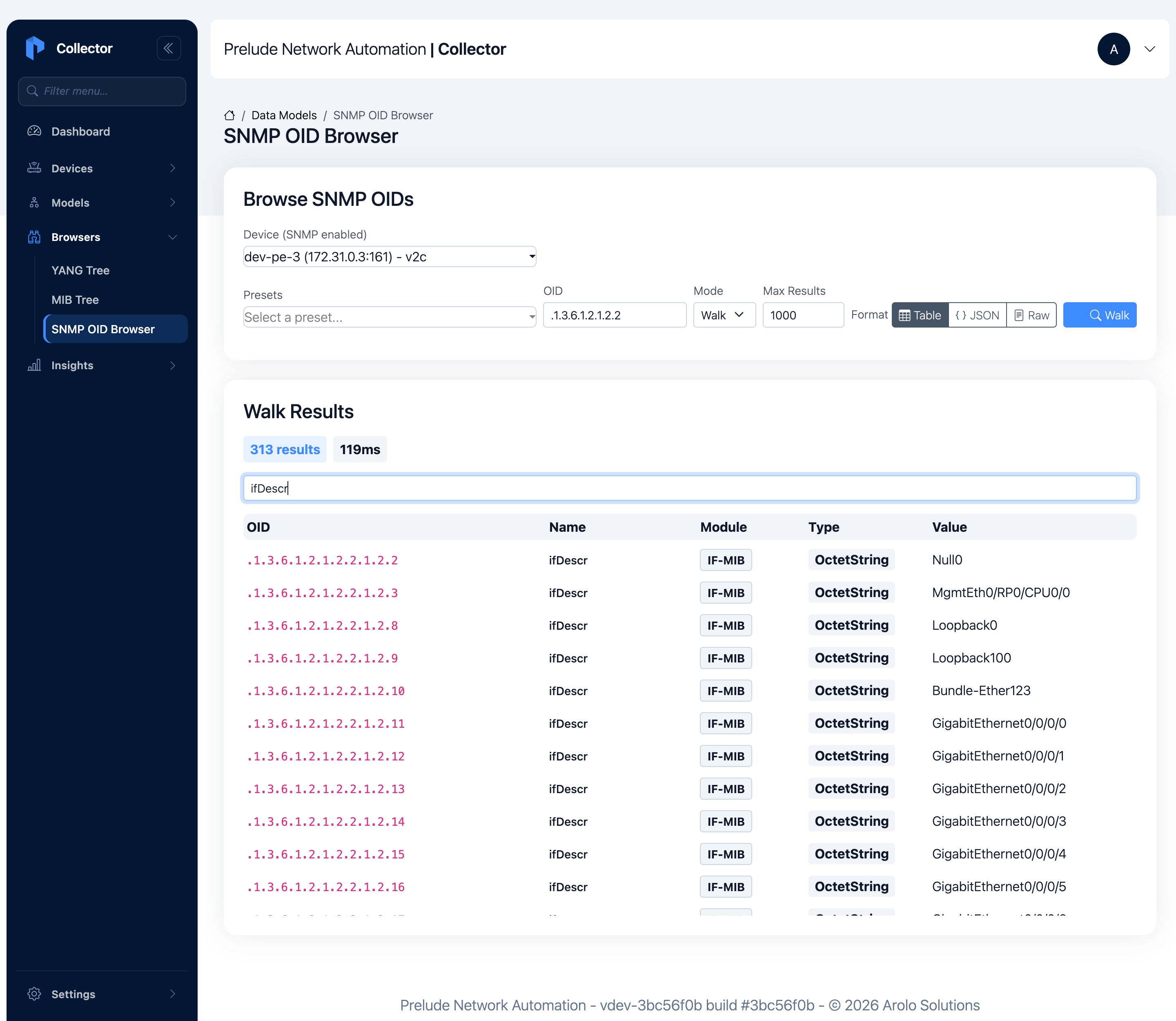 SNMP OID Browser walk results filtered to ifDescr, with each numeric OID resolved to ifDescr in IF-MIB and the live IOS-XR interface names like GigabitEthernet0/0/0/0 and Bundle-Ether123 as values
