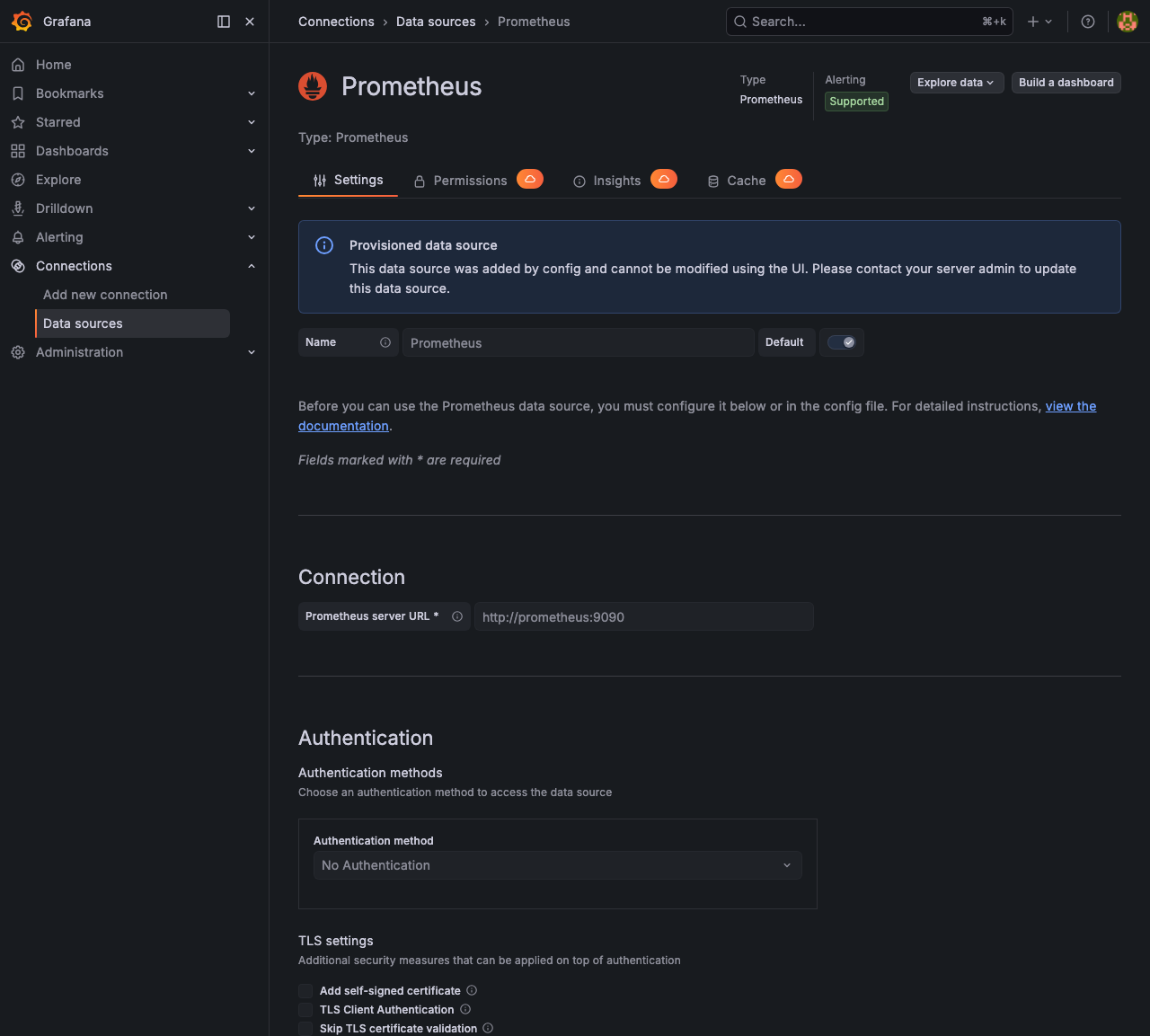 Grafana Prometheus data source — server URL http://prometheus:9090,
No Authentication