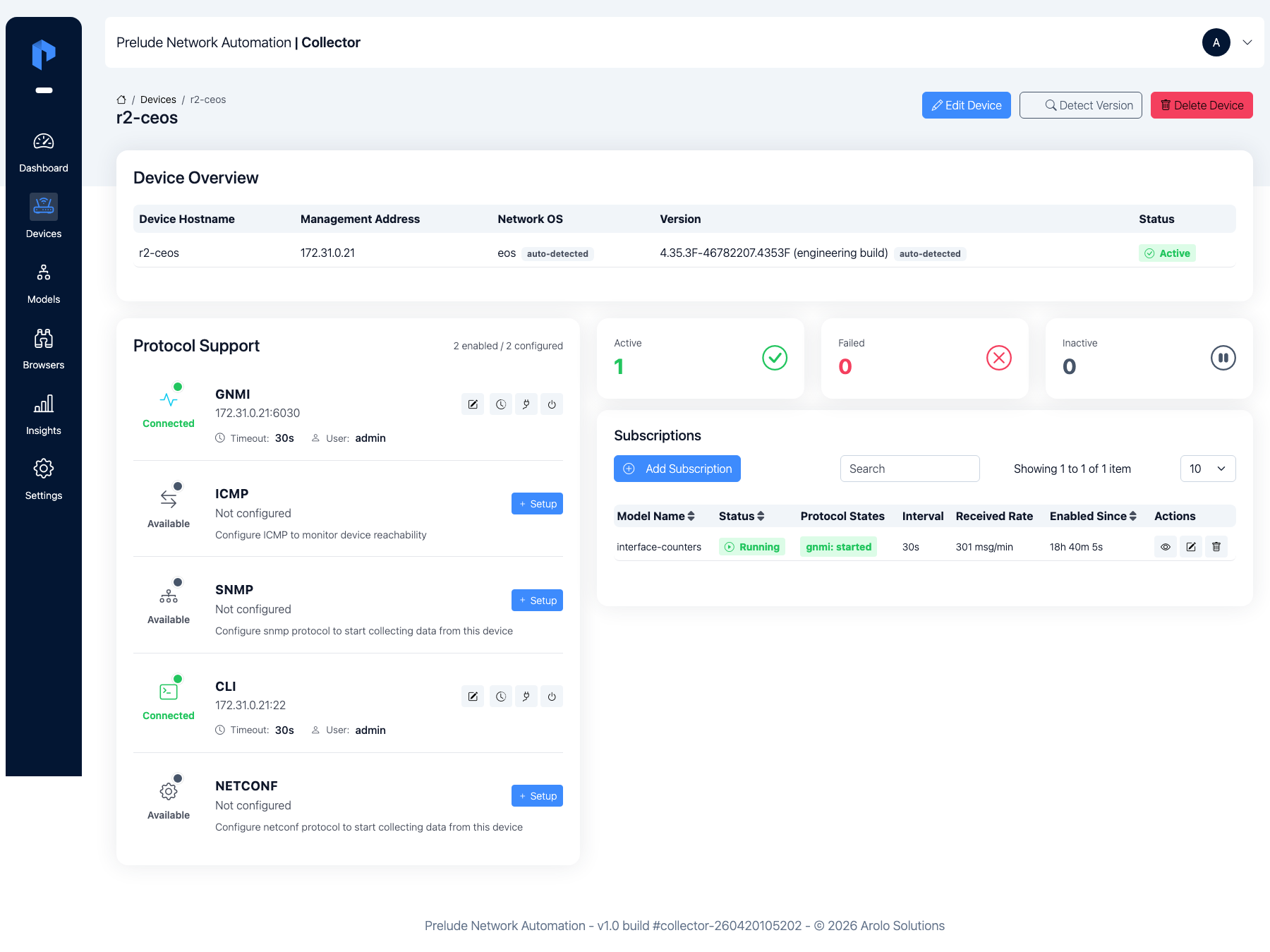 Device detail page for the Arista EOS device — gNMI Connected, the
subscription Running with non-zero received rate