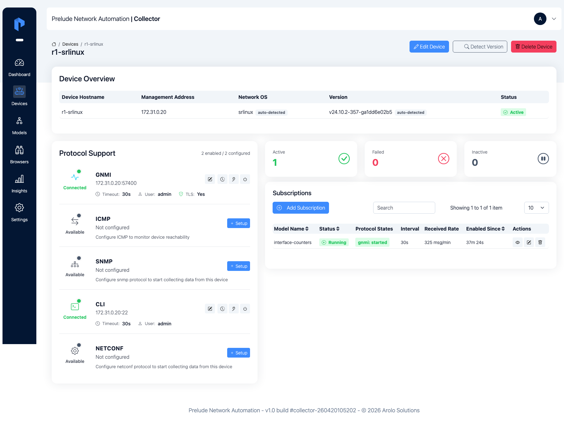 Device detail for the SR Linux device — gNMI Connected, no subscription
yet, other protocols available but unconfigured