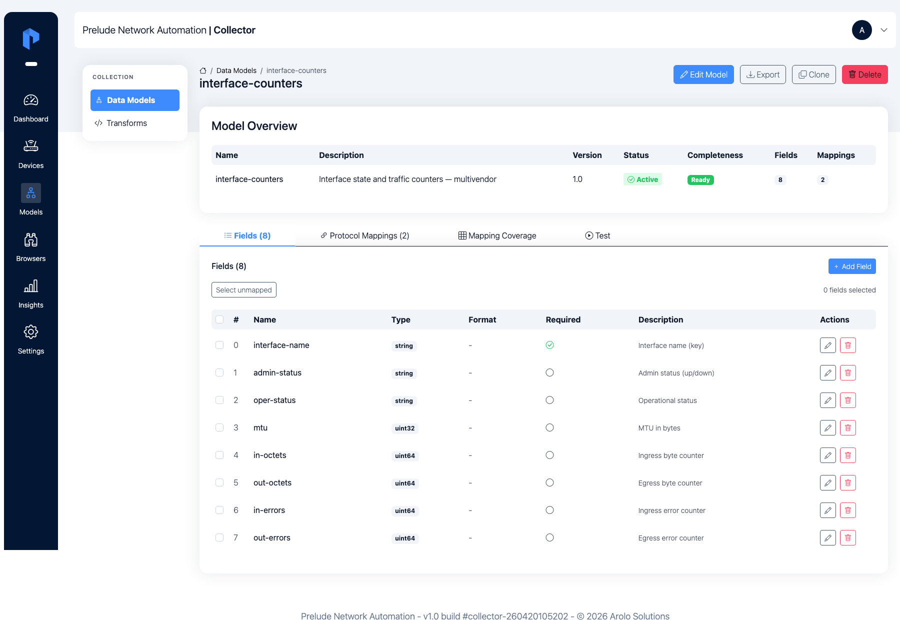 Model detail page for , Fields tab — 8 normalized
fields with types, flagged as the key