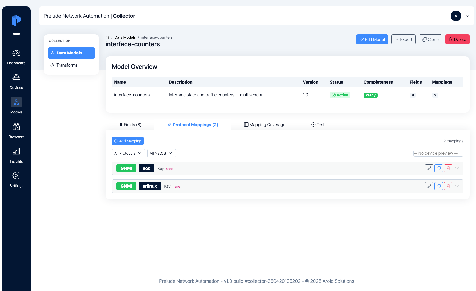 Model detail page, Protocol Mappings tab — two mappings: GNMI/eos and
GNMI/srlinux, both keyed on