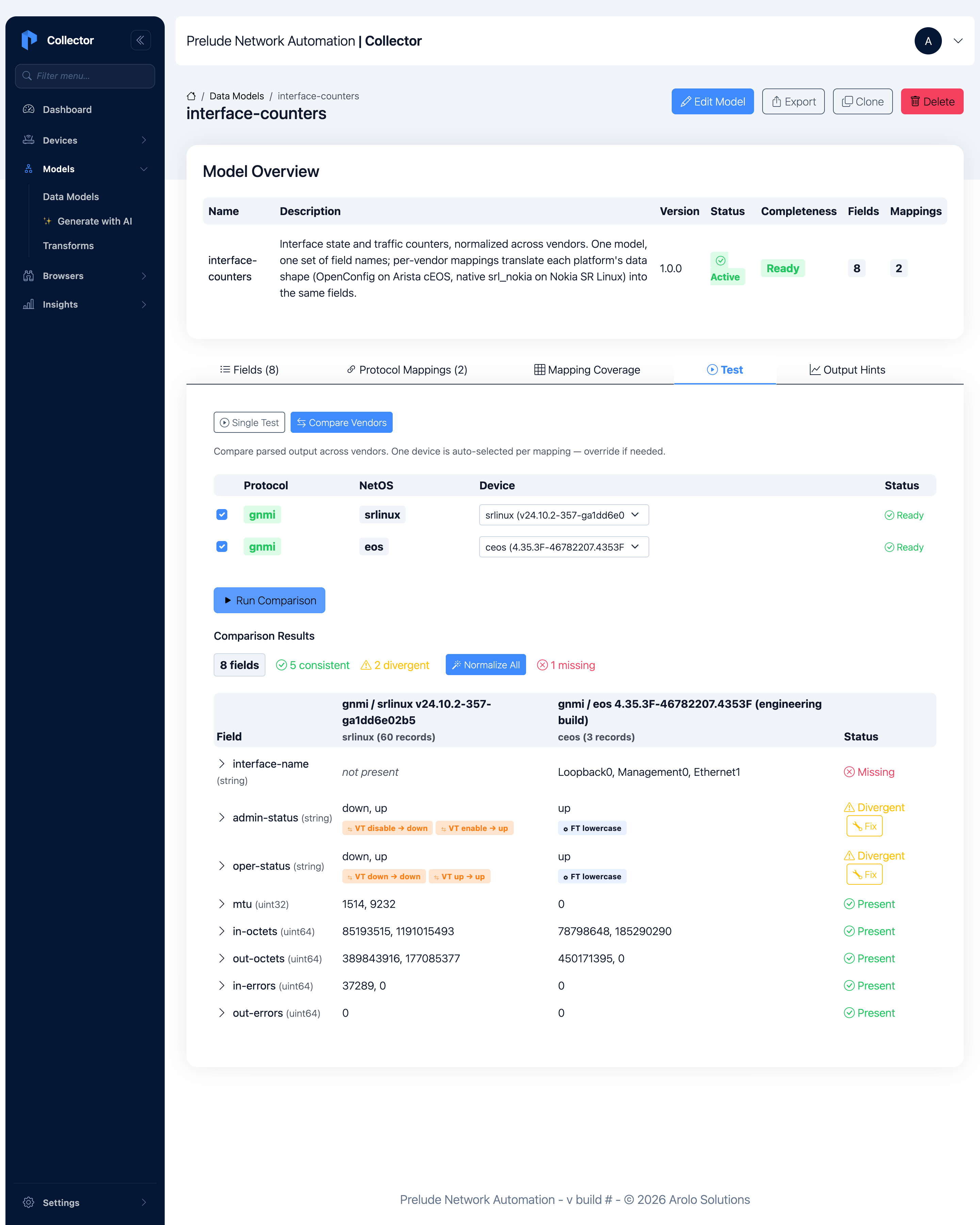 Test tab, Compare Vendors — the eight model fields shown side by side
for srlinux and eos, with consistent / divergent / missing badges and
the transforms applied