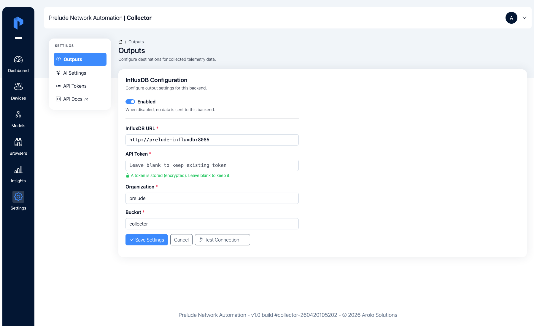 InfluxDB Configuration form — Enabled toggle, URL, API Token,
Organization, Bucket fields, with Save Settings and Test Connection
buttons