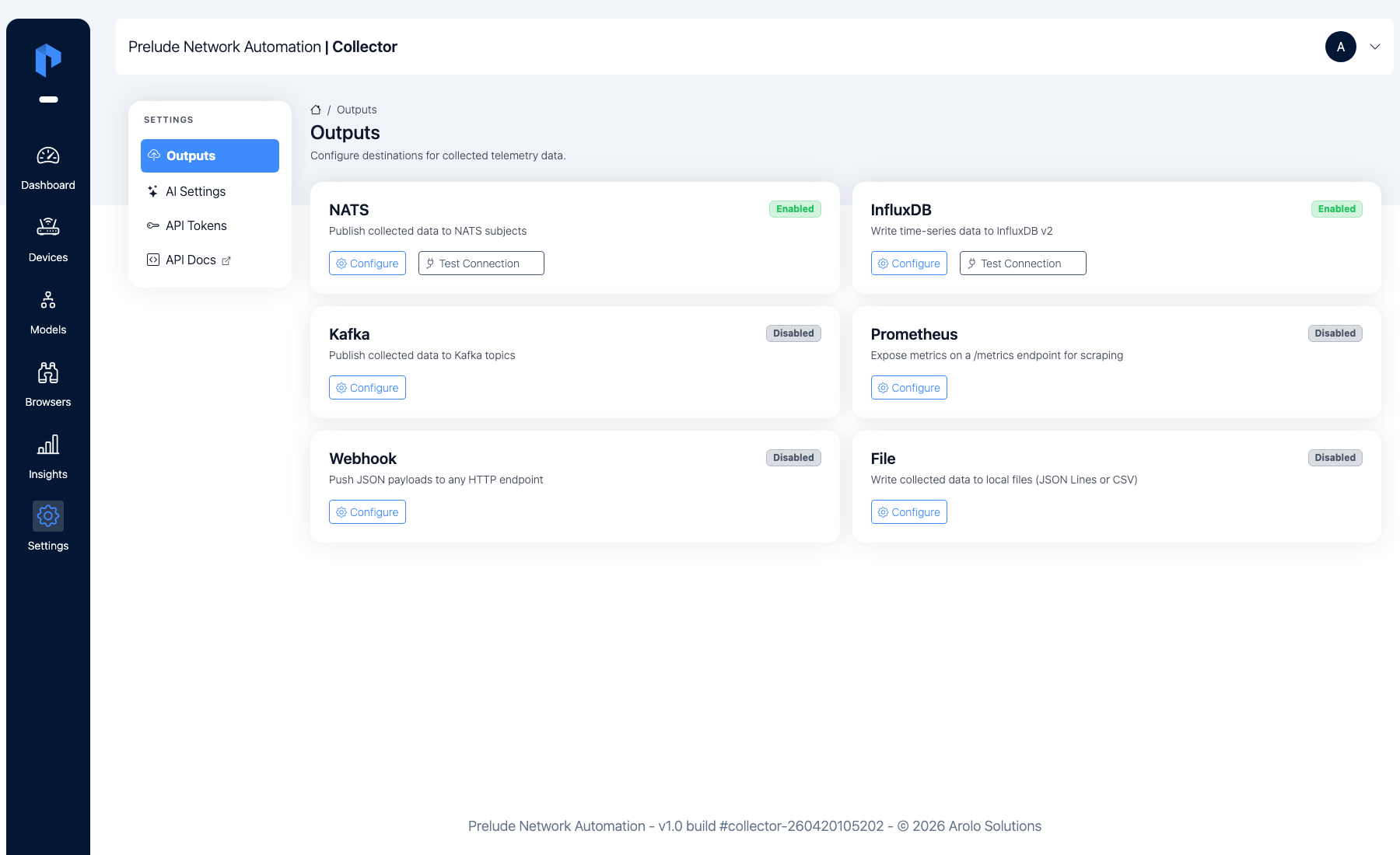 Outputs page — six backend cards (NATS, InfluxDB, Kafka, Prometheus,
Webhook, File) with InfluxDB and NATS shown as Enabled