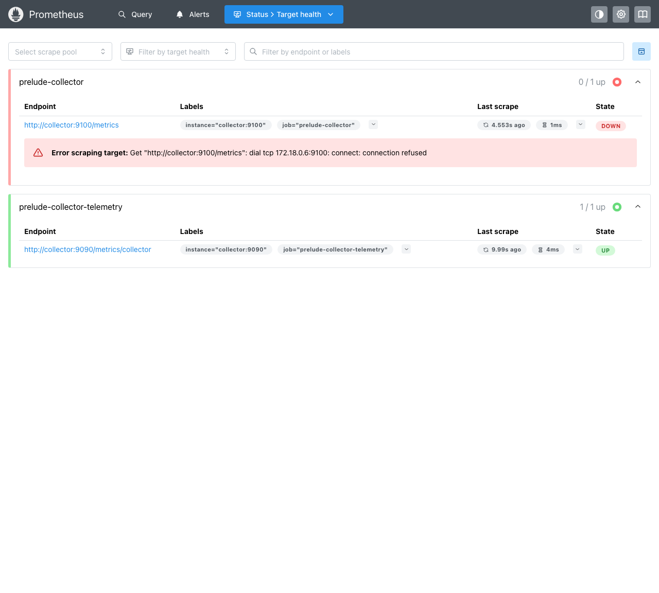Prometheus Targets — the prelude-collector job UP, scraping
/metrics/collector