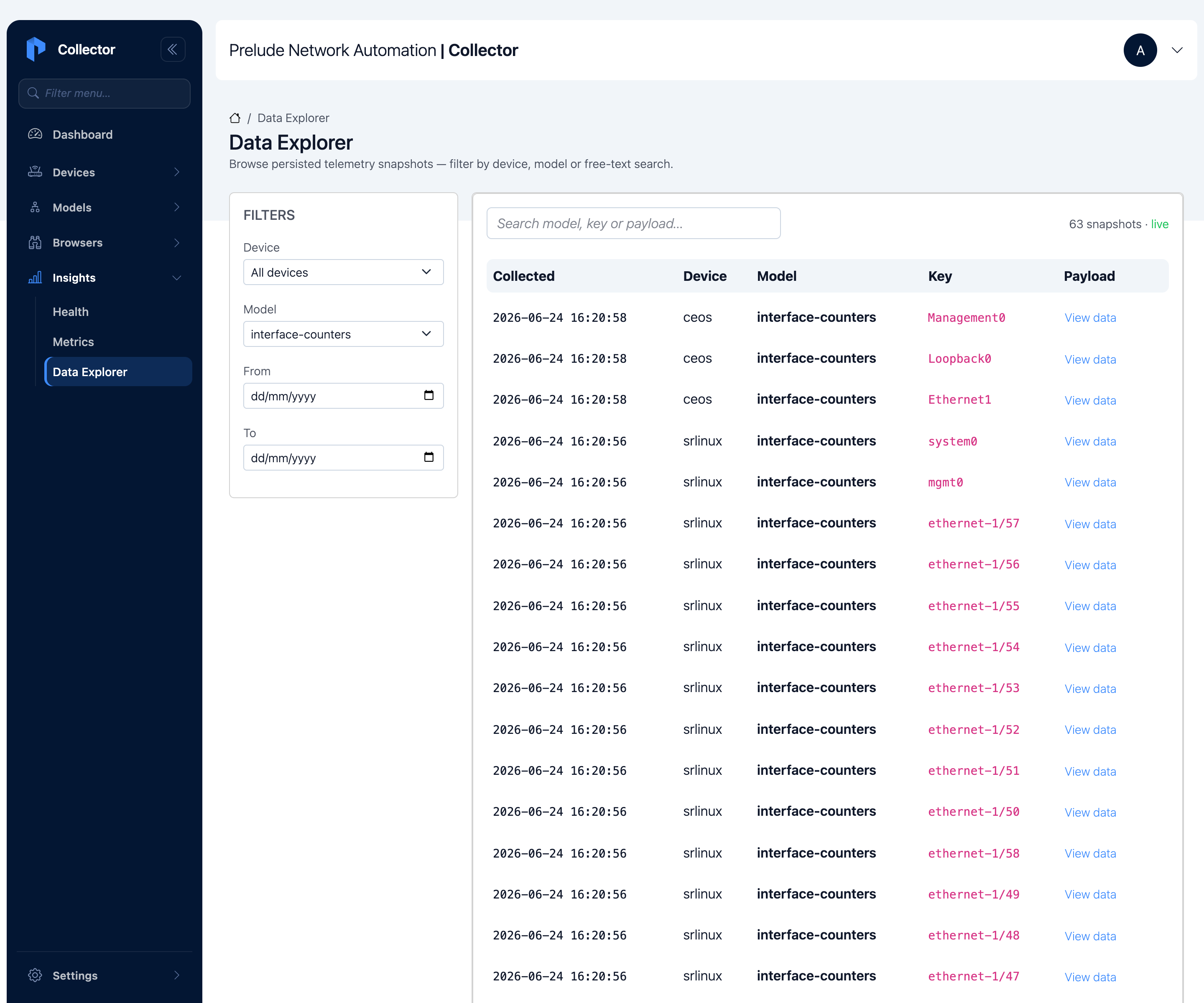 Data Explorer filtered to interface-counters — rows from both the
ceos and srlinux devices under one model, keyed by interface