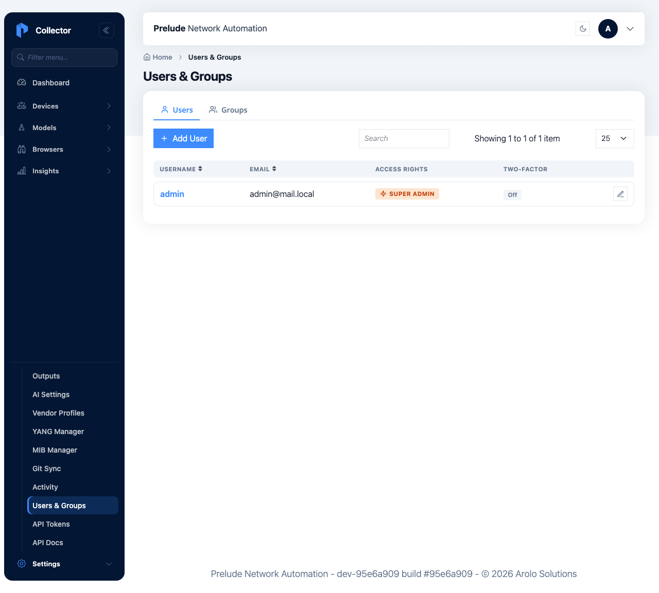 The Users & Groups page on the Users tab, listing user accounts with their groups, above the tab strip switching to the Groups permission matrix