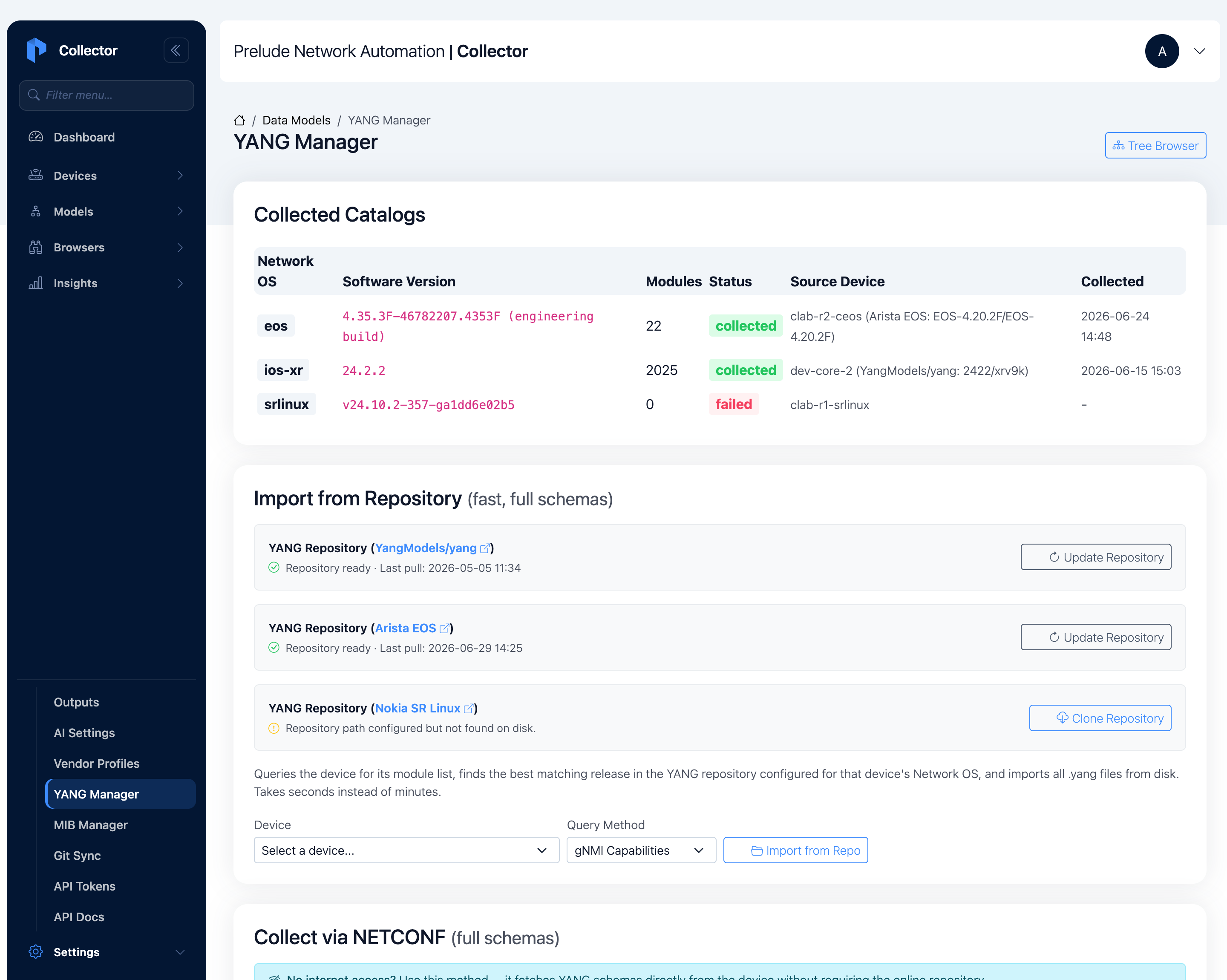 YANG Manager showing collected catalogs for eos and ios-xr with module counts and source devices, plus the repository import and per-device collection controls