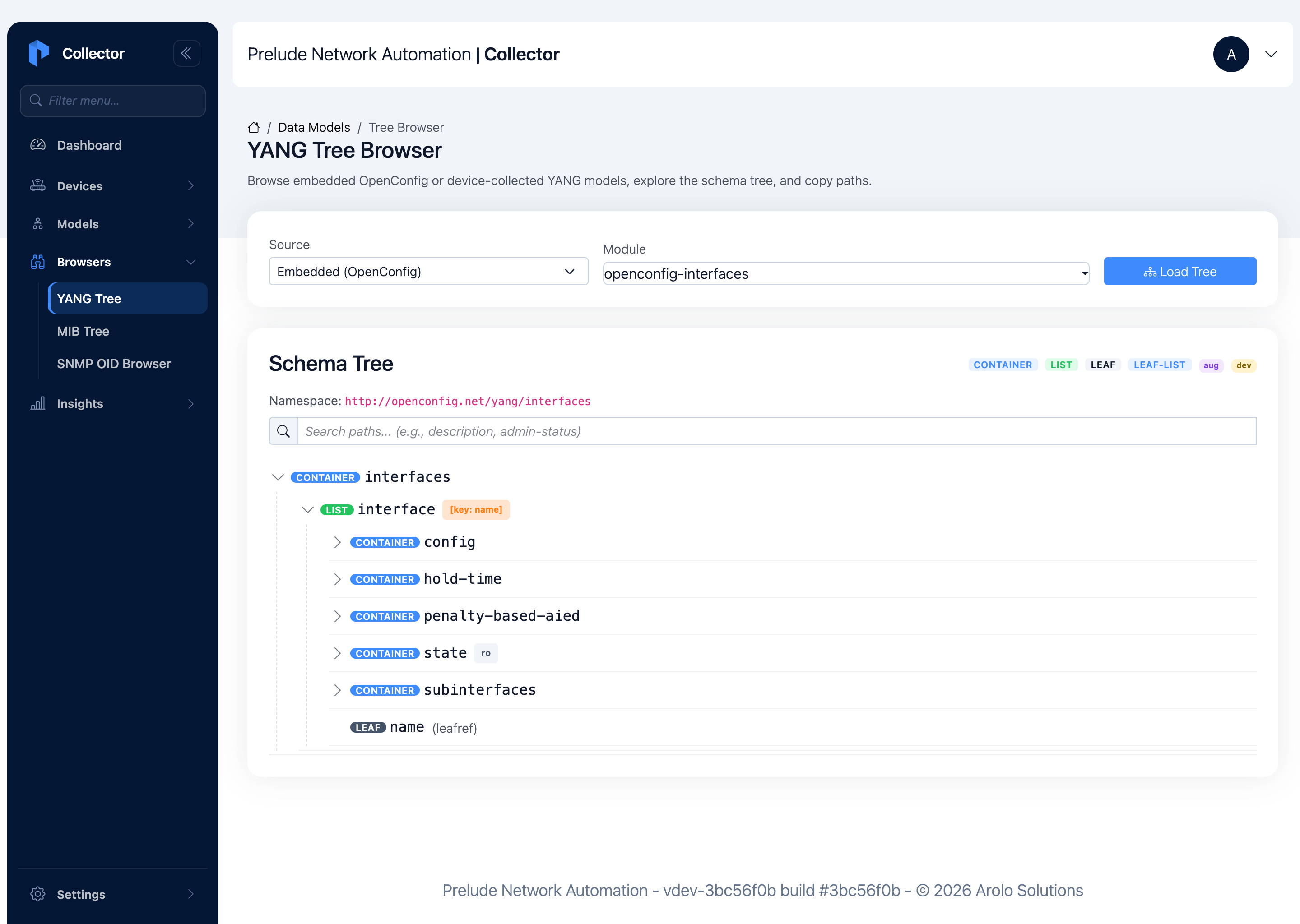 YANG Tree Browser with the Embedded OpenConfig source selected and the openconfig-interfaces module loaded, showing the interfaces container, the interface list keyed by name, and config/state/subinterfaces children