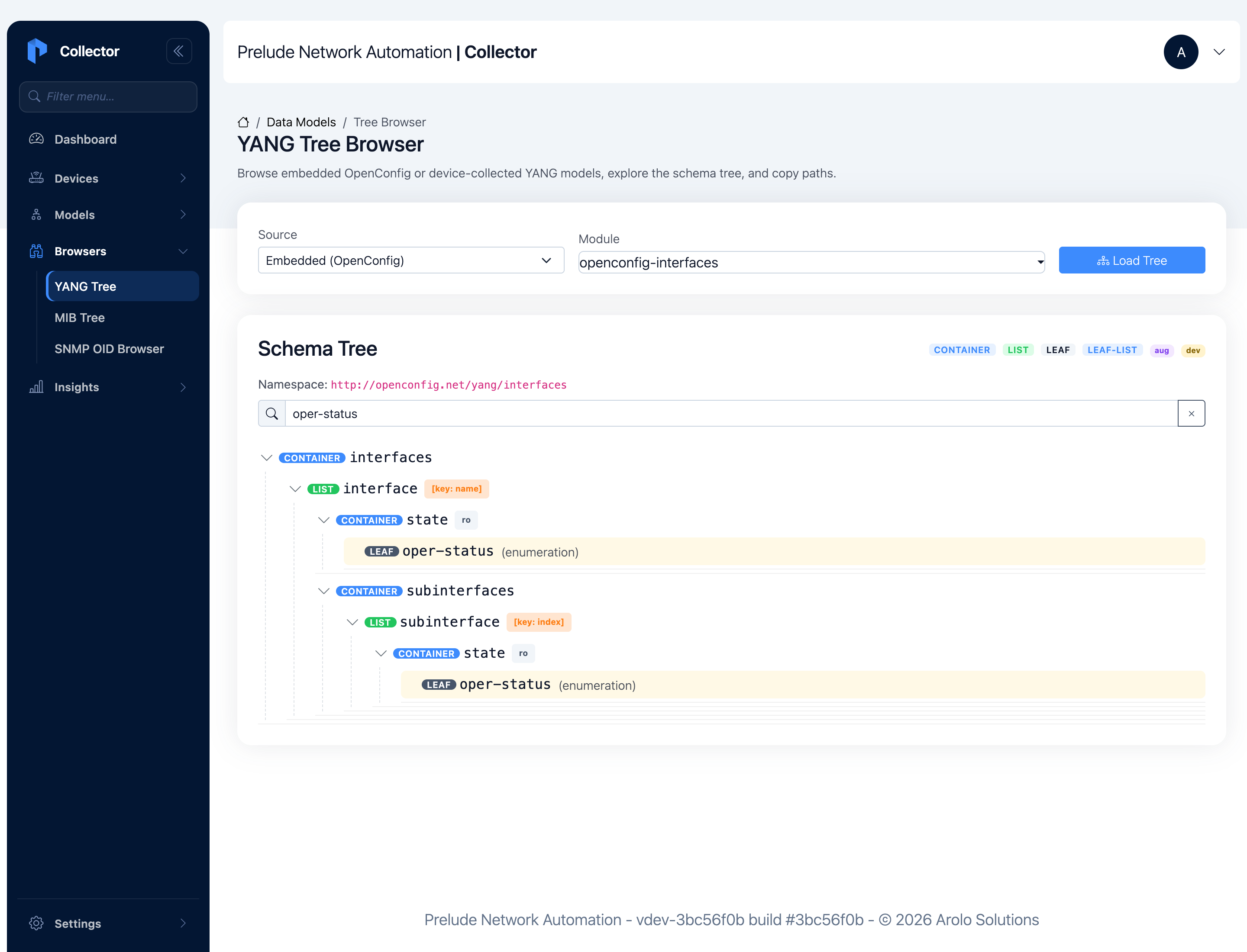 The YANG tree filtered to oper-status, with two highlighted matches shown in their full path context under interface/state and subinterface/state