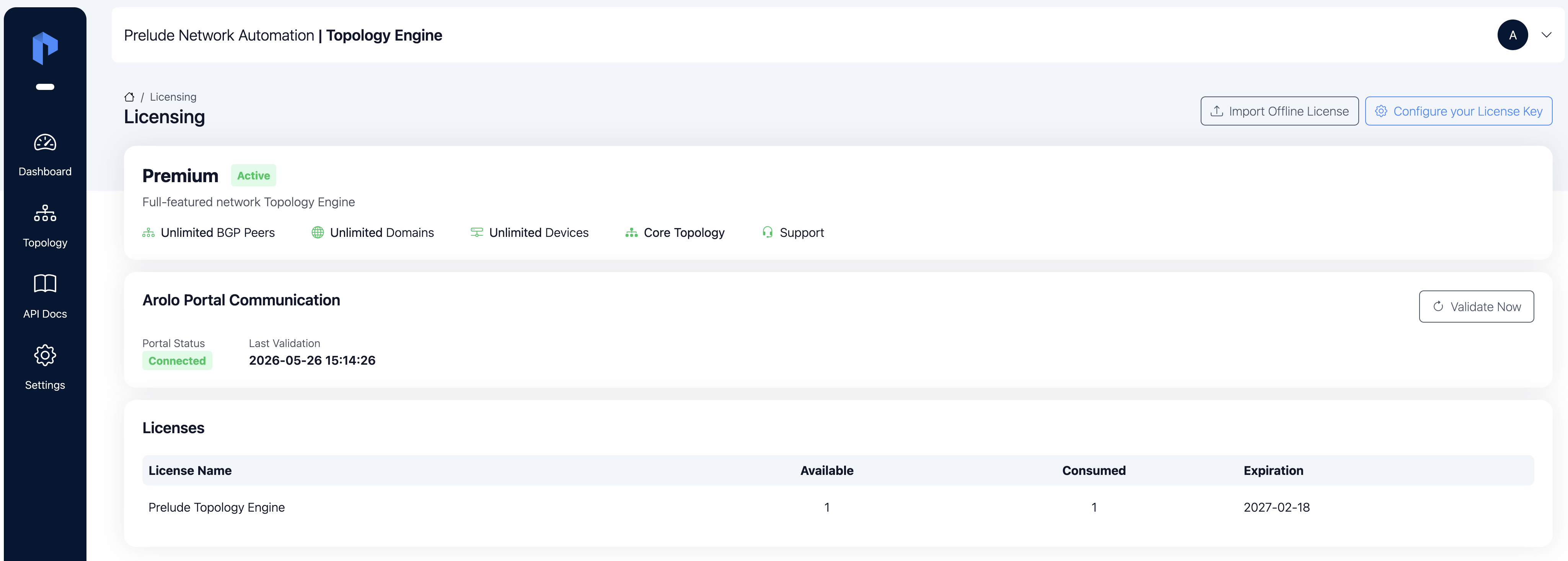 Settings → Licensing page after a paid license has been installed, showing the active tier and the expiry date