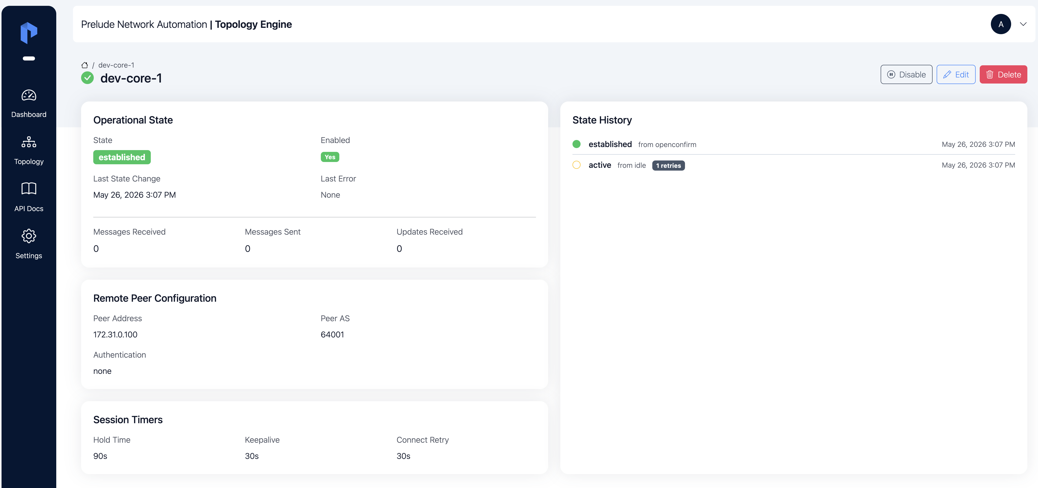 Peer detail page with state at established, counters, and the state history panel
