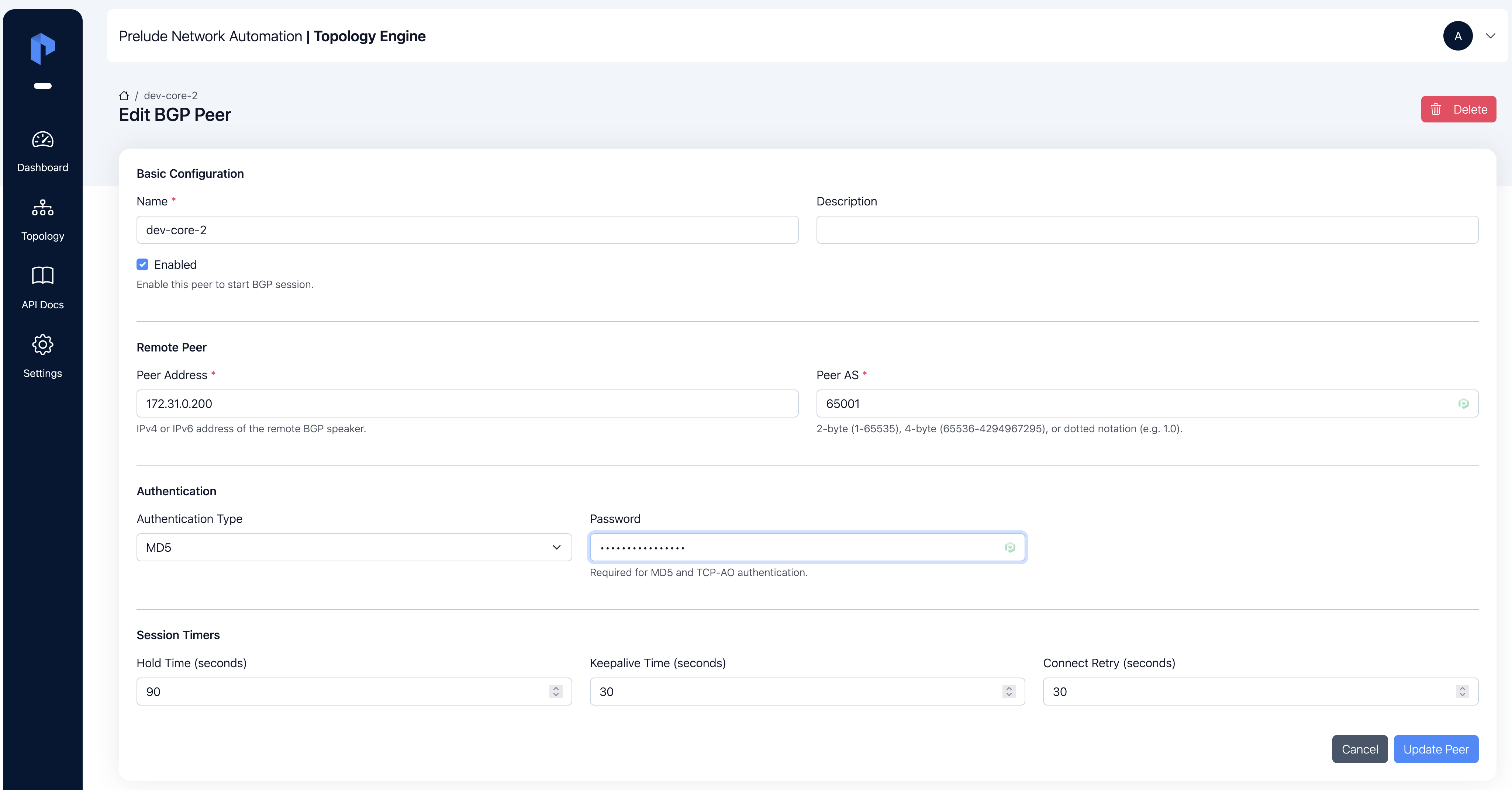 Peer edit form with Authentication set to MD5 and the password field visible