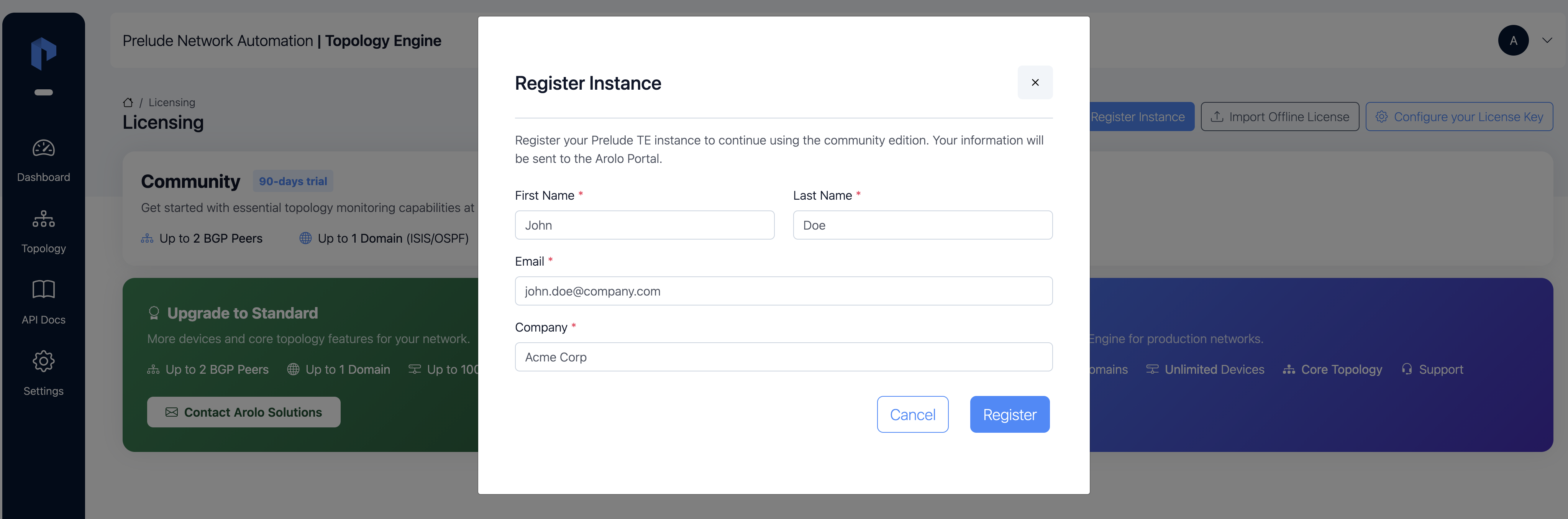 Community registration modal with first name, last name, email, and company fields