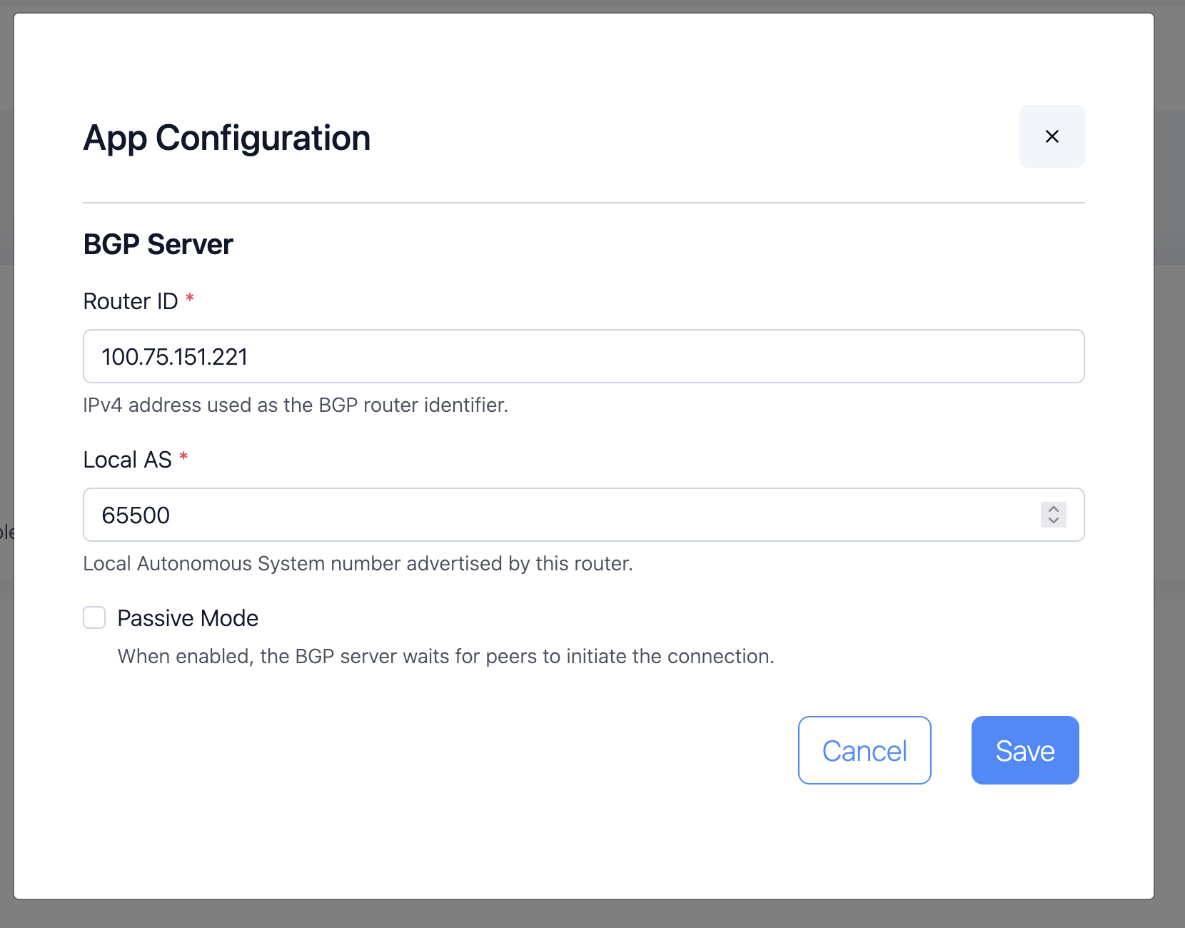 Settings → BGP form with Router ID, Local AS, and Passive mode fields